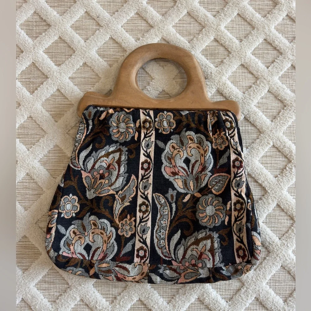 Vintage Floral Tapestry Handbag With Wooden Handles By Victoria U.S.A. Retro